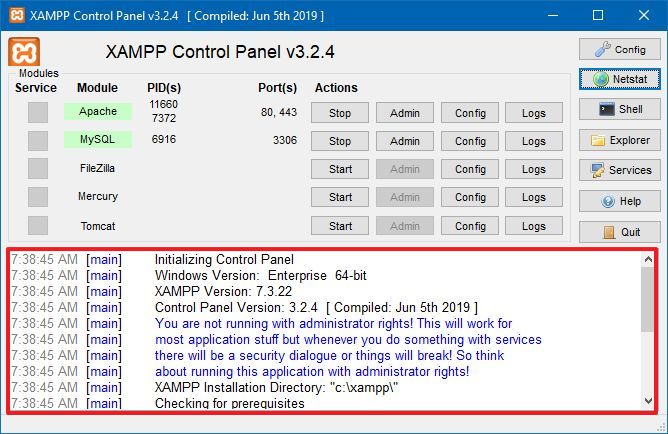 XAMPP Kontrol Paneli günlükleri